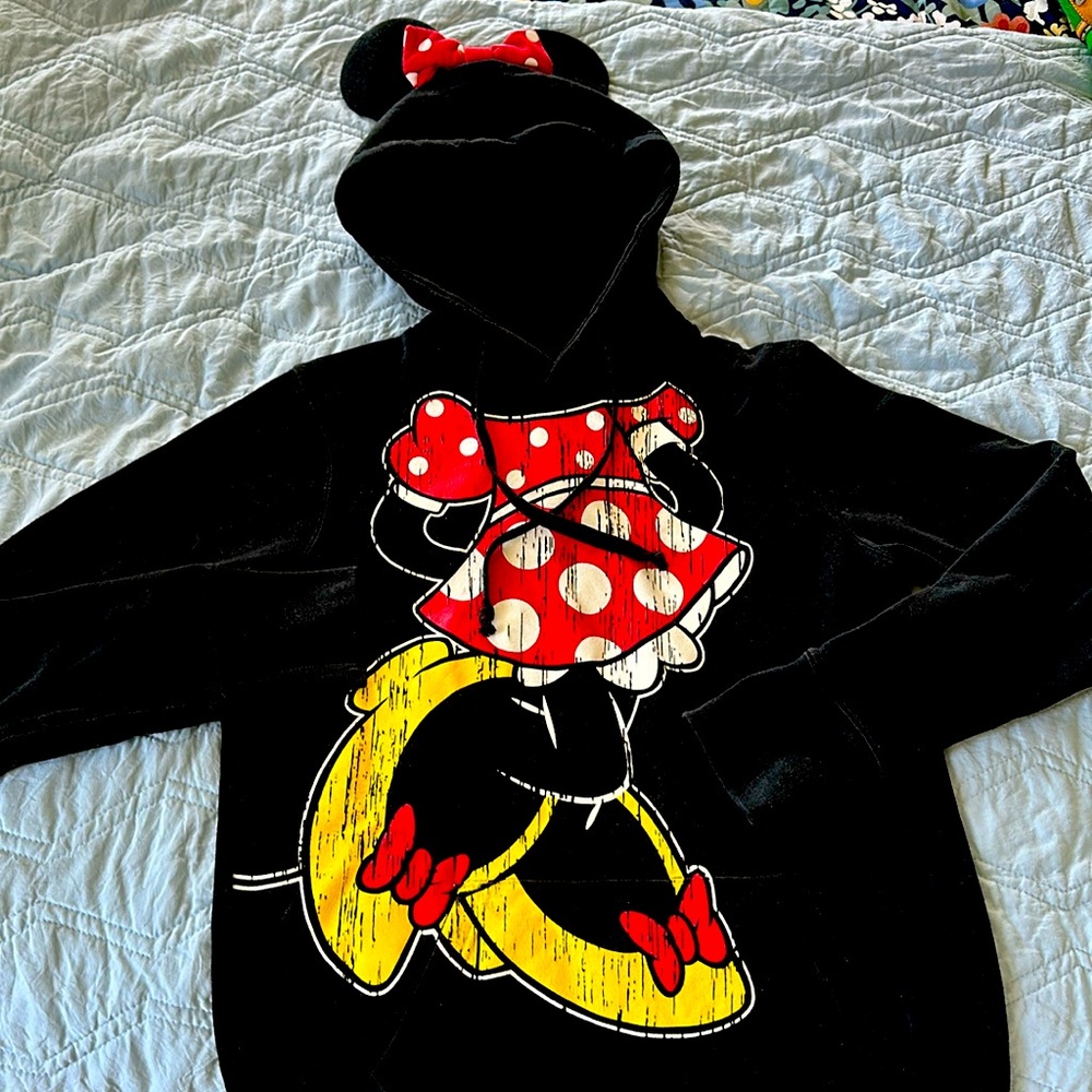 Disney Parks black Mini Mouse Sweatshirt with mouse ears on hood. Kids Large